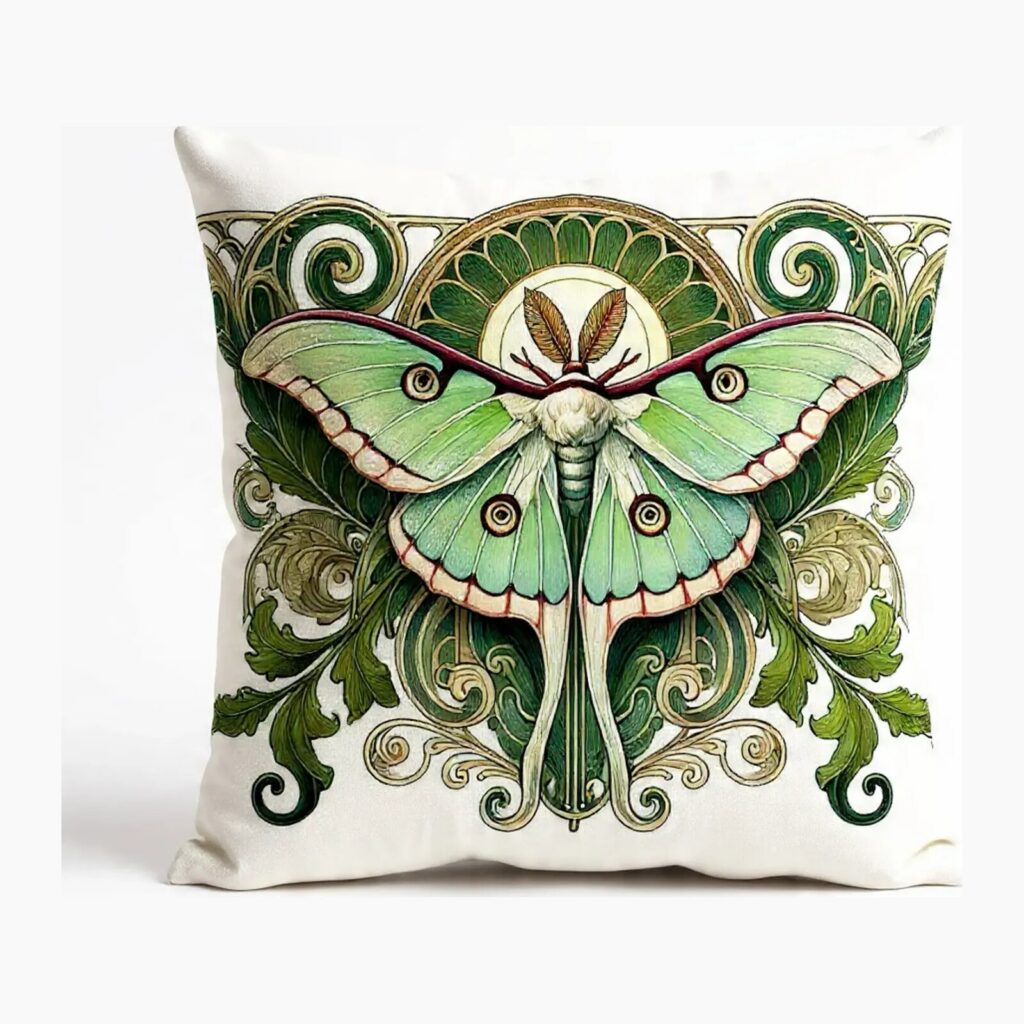 Luna Moth Scatter Cushion in white, green and yellow