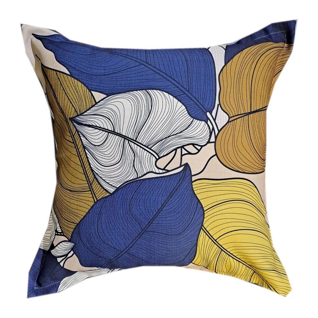 Olive Giant Leaves Scatter Cushion in blue, yellow and cream