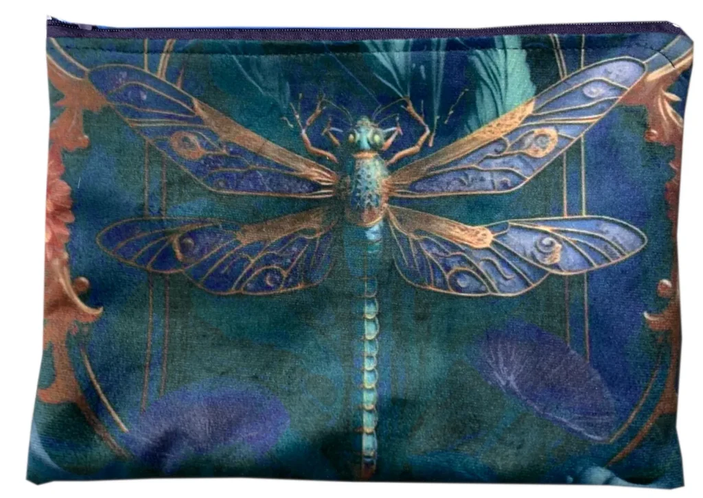 Dragonfly Velvet Bag in teal, blue and orange