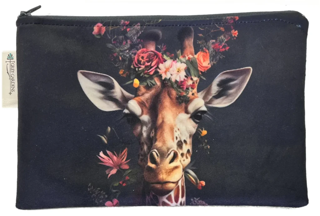 Happy Giraffe Velvet Bag in navy, brown and pink