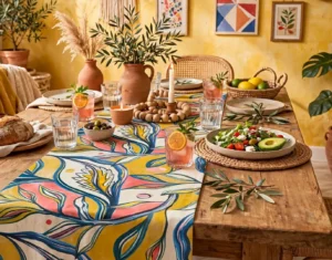 Amazon table runner on a rustic wooden dining table in a yellow-walled room with olive branches and a salad