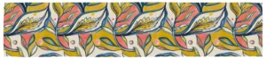 Amazon table runner laid flat showing coral and mustard leaves outlined in navy on cream