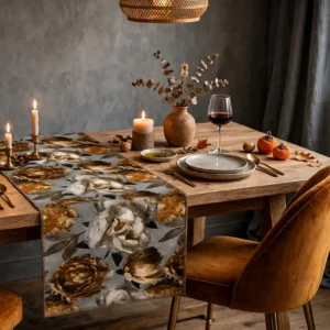 Amber Magnolia table runner on a wooden dining table against a grey wall with candles and a glass of red wine