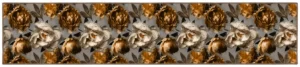 Amber Magnolia table runner laid flat showing gold and ivory blooms on a warm grey ground