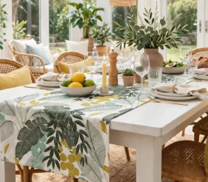Aqua Palm table runner on a white dining table in a bright conservatory with lemons and olive branches