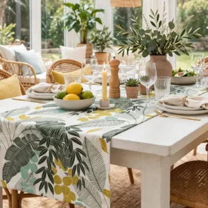 Aqua Palm table runner on a white dining table in a bright conservatory with lemons and olive branches