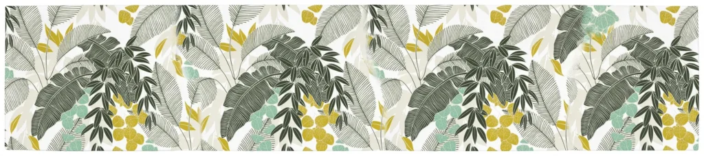 Aqua Palm table runner laid flat showing grey-green banana leaves with mint and mustard accents on white