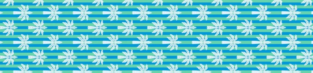 Balmy Palm table runner, white palm motifs on turquoise and blue stripes, 180 x 40cm