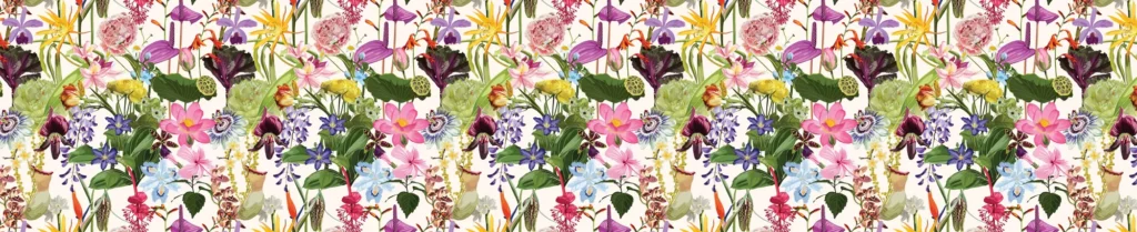 Botanical table runner laid flat showing pink, purple and white flowers with green foliage on cream