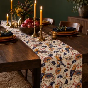 Burnt Hoopoe table runner on a dark wood dining table with candles, pomegranates and navy napkins