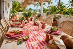 Candy Palm table runner on a whitewashed terrace table with pink plates and palm trees behind