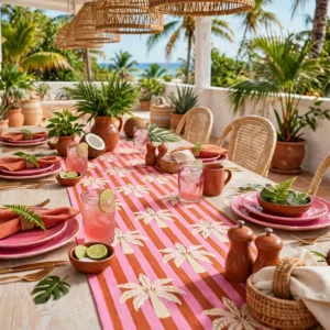 Candy Palm table runner on a whitewashed terrace table with pink plates and palm trees behind