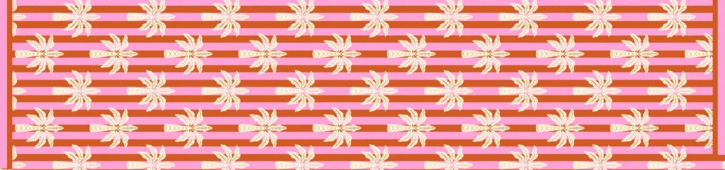 Candy Palm table runner laid flat showing cream palms on coral-red and white stripes with a pink border