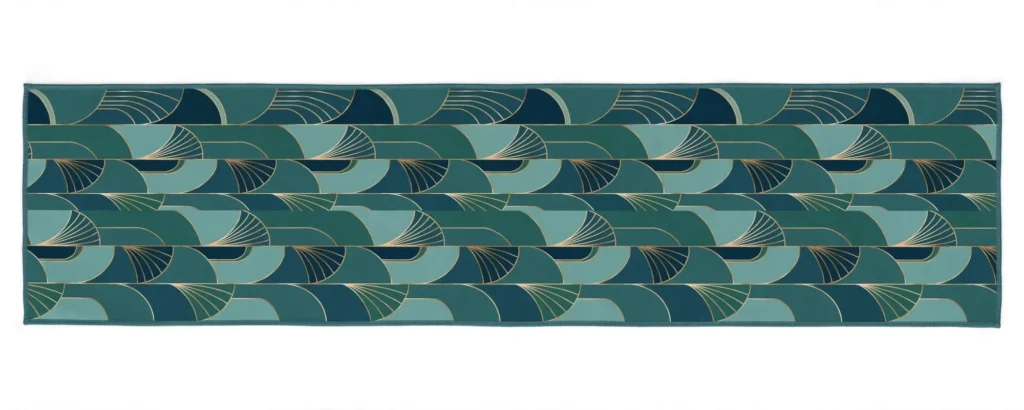 Colby table runner laid flat showing overlapping teal scallops with fine gold lines