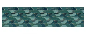 Colby table runner laid flat showing overlapping teal scallops with fine gold lines