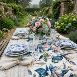 Fog Bloom 01 table runner on a white wooden garden table set with blue-and-white china