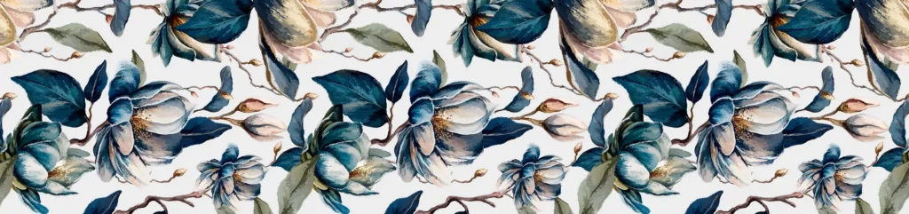 Fog Bloom 01 table runner laid flat showing large navy and slate-blue magnolias on white