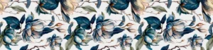 Fog Bloom 01 table runner laid flat showing large navy and slate-blue magnolias on white