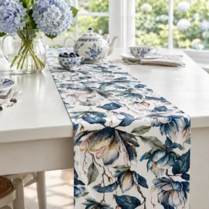 Fog Bloom 02 table runner on a white table in a bay window with blue-and-white china and blue hydrangeas