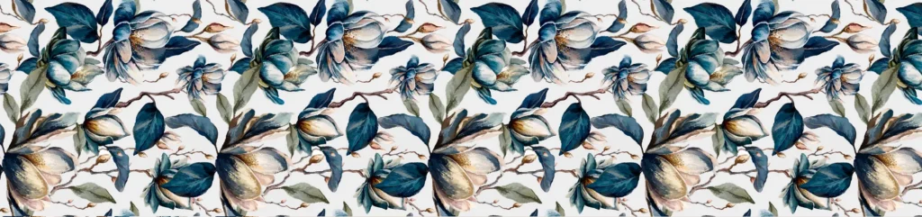 Fog Bloom 02 table runner, small-scale navy and slate-blue magnolias on white, 180 x 40cm