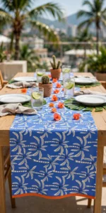 Lagoon table runner on a wooden table on a palm-lined terrace