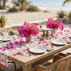Lime Tree table runner on a wooden beach-side table with bright pink flowers and white plates