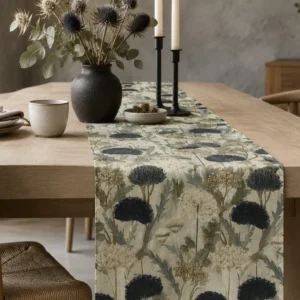 Midnight Thistle table runner on a pale timber table with black candlesticks and dried thistles in a vase