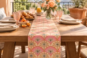 Peach Palm table runner on a sunny balcony table with croissants, apricots and pink glassware