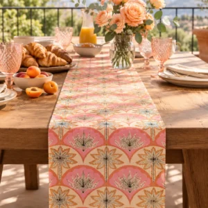 Peach Palm table runner on a sunny balcony table with croissants, apricots and pink glassware