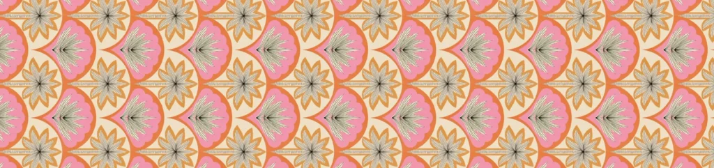 Peach Palm table runner, peach, pink and sand art deco fans, 180 x 40cm
