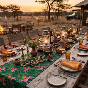 Pink Cheetah table runner on a long wooden table at a sunset safari camp with lanterns