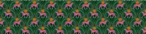 Pink Cheetah table runner laid flat showing pink cheetahs in scalloped arches on emerald green