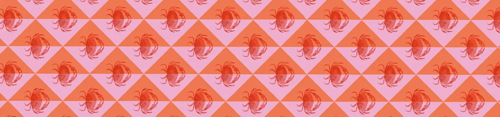 Pink Crab table runner, red-orange crabs on a grid of pink and coral triangles, 180 x 40cm