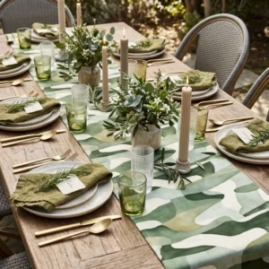Poland table runner on a garden dining table with green napkins, candles and fresh herbs