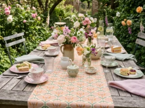 Polar Poppy table runner on a weathered garden table laid for afternoon tea