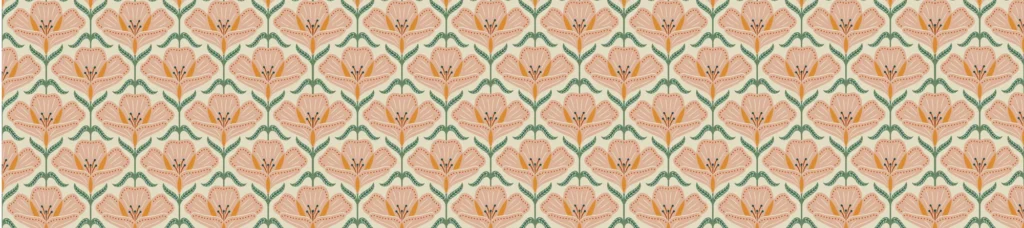 Polar Poppy table runner laid flat showing peach poppies on slim green stems on cream