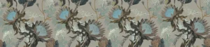 Powder Protea table runner laid flat showing brown and dusty blue proteas on a stone-grey ground