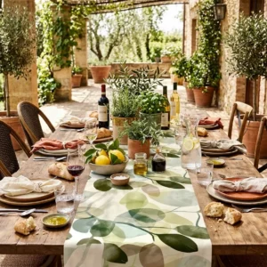 Sugar Leaf table runner on a long wooden table on a stone terrace with olive trees