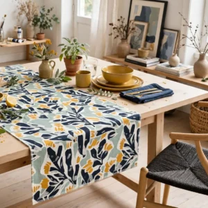 Sweeping table runner on a light wooden table in a bright room with yellow bowls