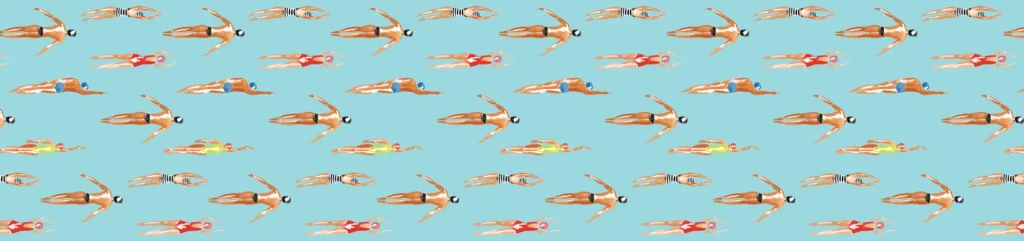 Swimmers table runner laid flat showing swimmers in red, blue and green costumes on pale aqua