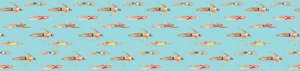 Swimmers table runner laid flat showing swimmers in red, blue and green costumes on pale aqua