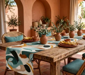 Trent table runner on a wooden table in a terracotta-walled courtyard with potted olive trees