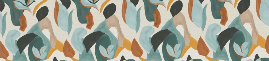Trent table runner laid flat showing loose teal, rust, mustard and charcoal shapes on stone